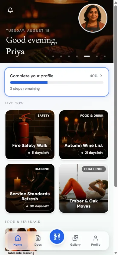 The staff app home screen, branded for the Ember & Oak demo restaurant