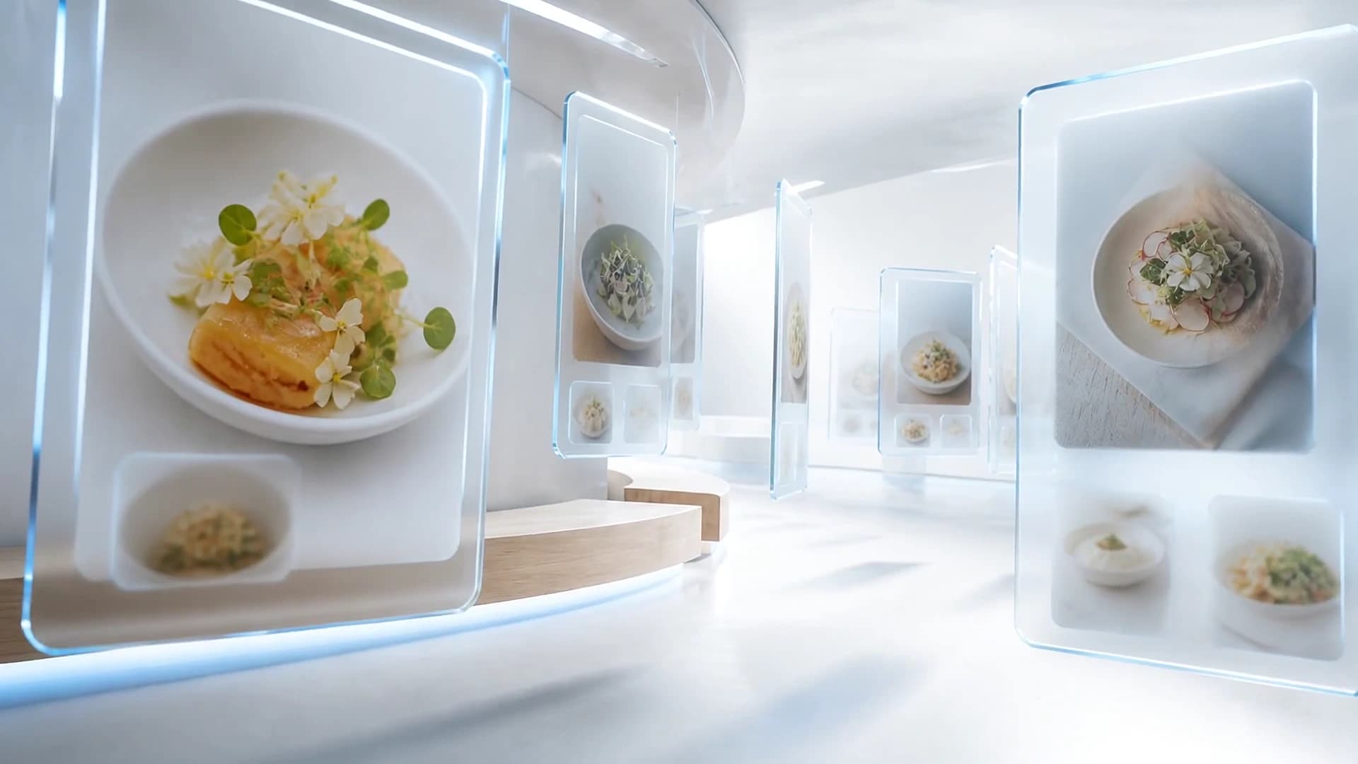 Frosted-glass app panes drifting through a bright silver-white space, each holding a plated dish.