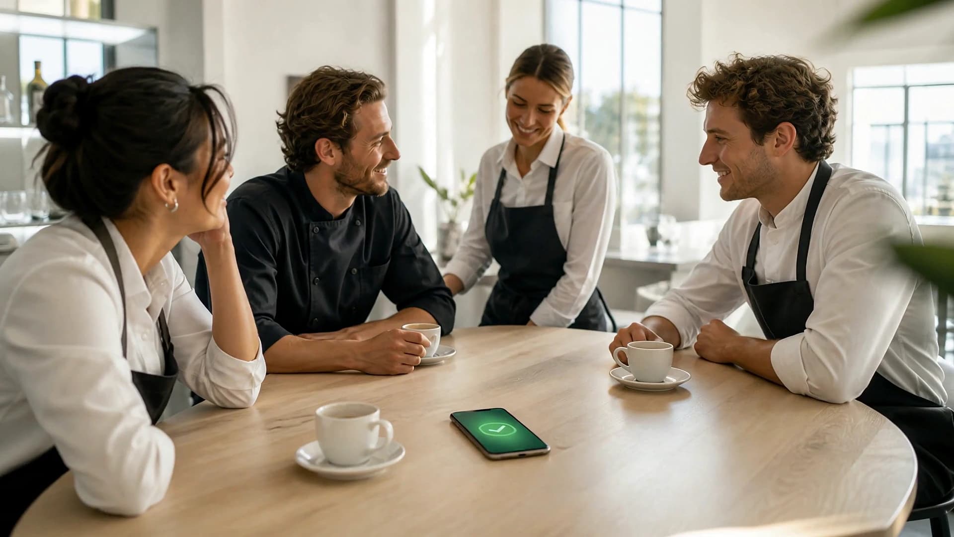 The pre-shift lineup around a daylight table with coffee; a phone rests face-up, a completed test glowing quietly.