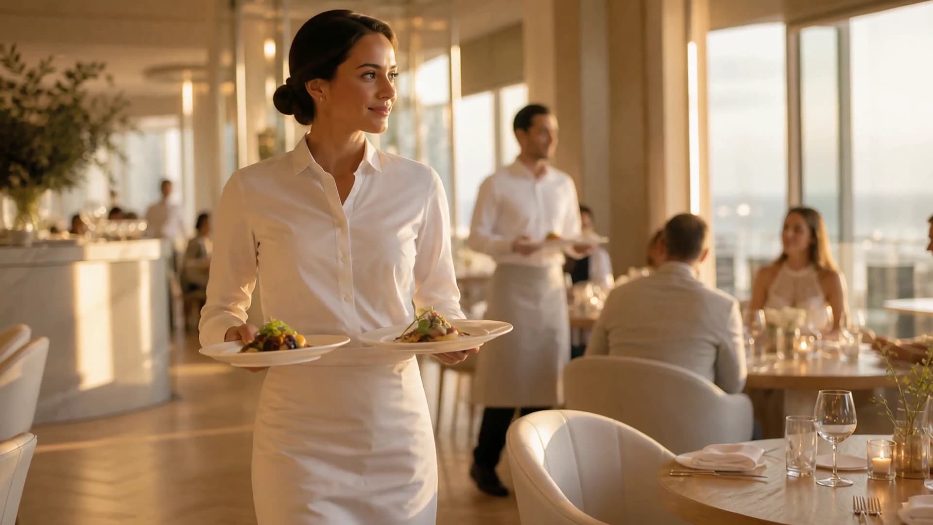 The dining room mid-service at its golden peak — confident staff, perfect tables, and not a phone in sight.
