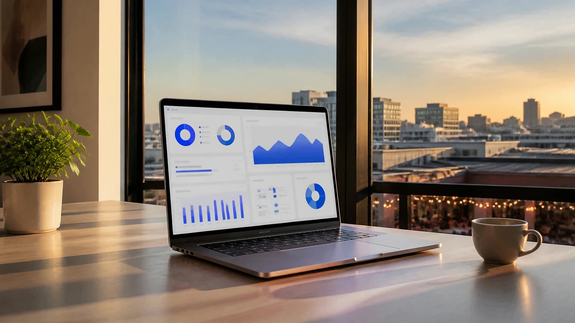 A laptop with the live manager dashboard in a bright office, low golden sun ending the day.
