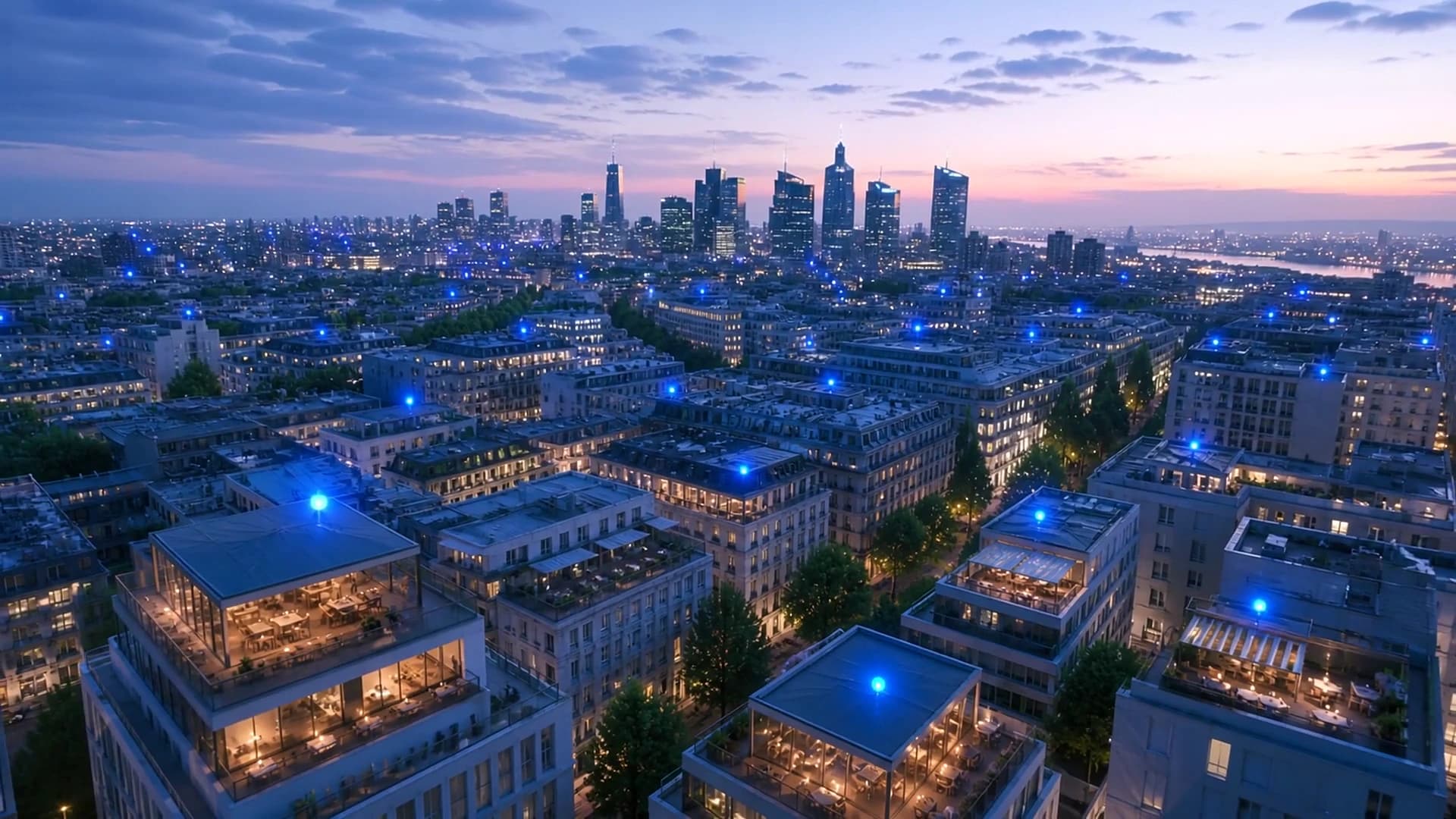 An early-night skyline where restaurant locations ignite one by one in cobalt light.